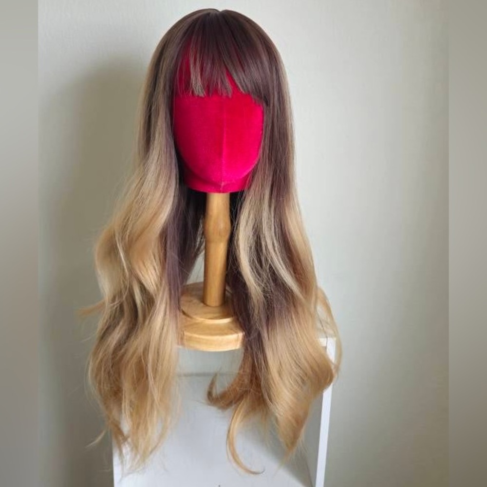 Long Wavy Ombre Wig with Bangs - Brown to Blonde